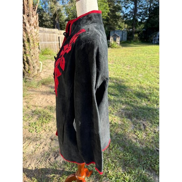 Vtg Dell Ollio  Black 100% Leather Suede Kimono Tunic Embroidered Jacket Goth - Picture 5 of 11